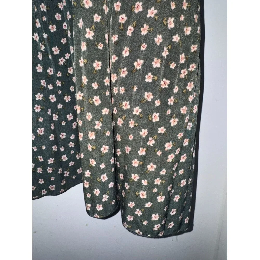 Floral Pleated Midi Skirt Green With Pink & White Flowers Large 100% Cotton Vint - Picture 4 of 6